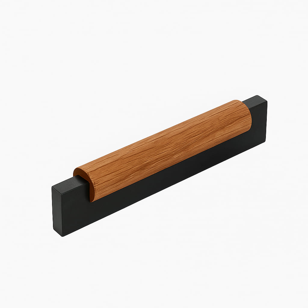Poignée 118mm en métal noir mat et en bois