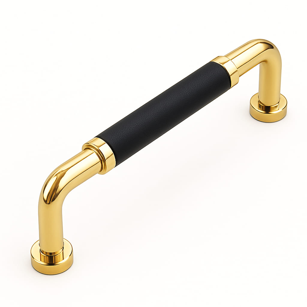Poignée 140mm en métal doré cuir noir