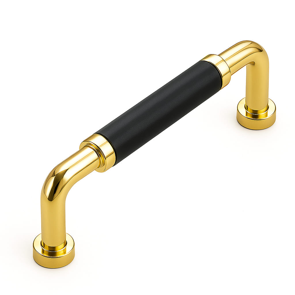 Poignée 108mm en métal doré cuir noir