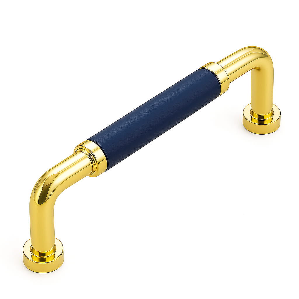 Poignée 140mm en métal doré cuir bleu