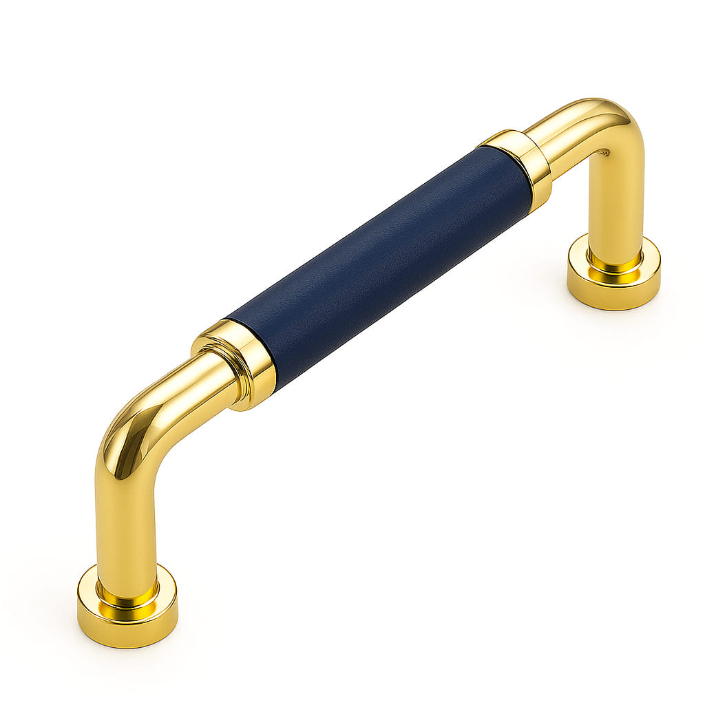 Poignée 108mm en métal doré cuir bleu