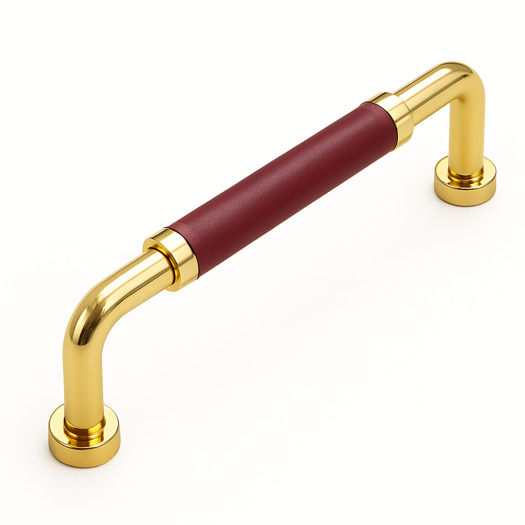Poignée 140mm en métal doré cuir taupe