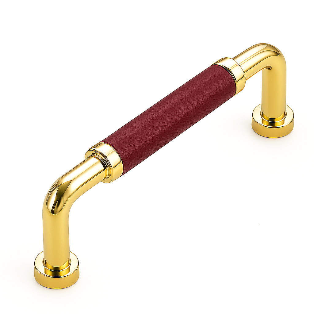 Poignée 108mm en métal doré cuir taupe