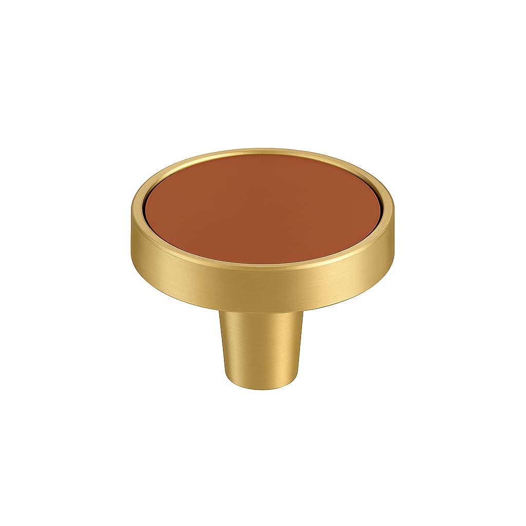 Poignée bouton 32mm en laiton doré mat et cuir terracotta