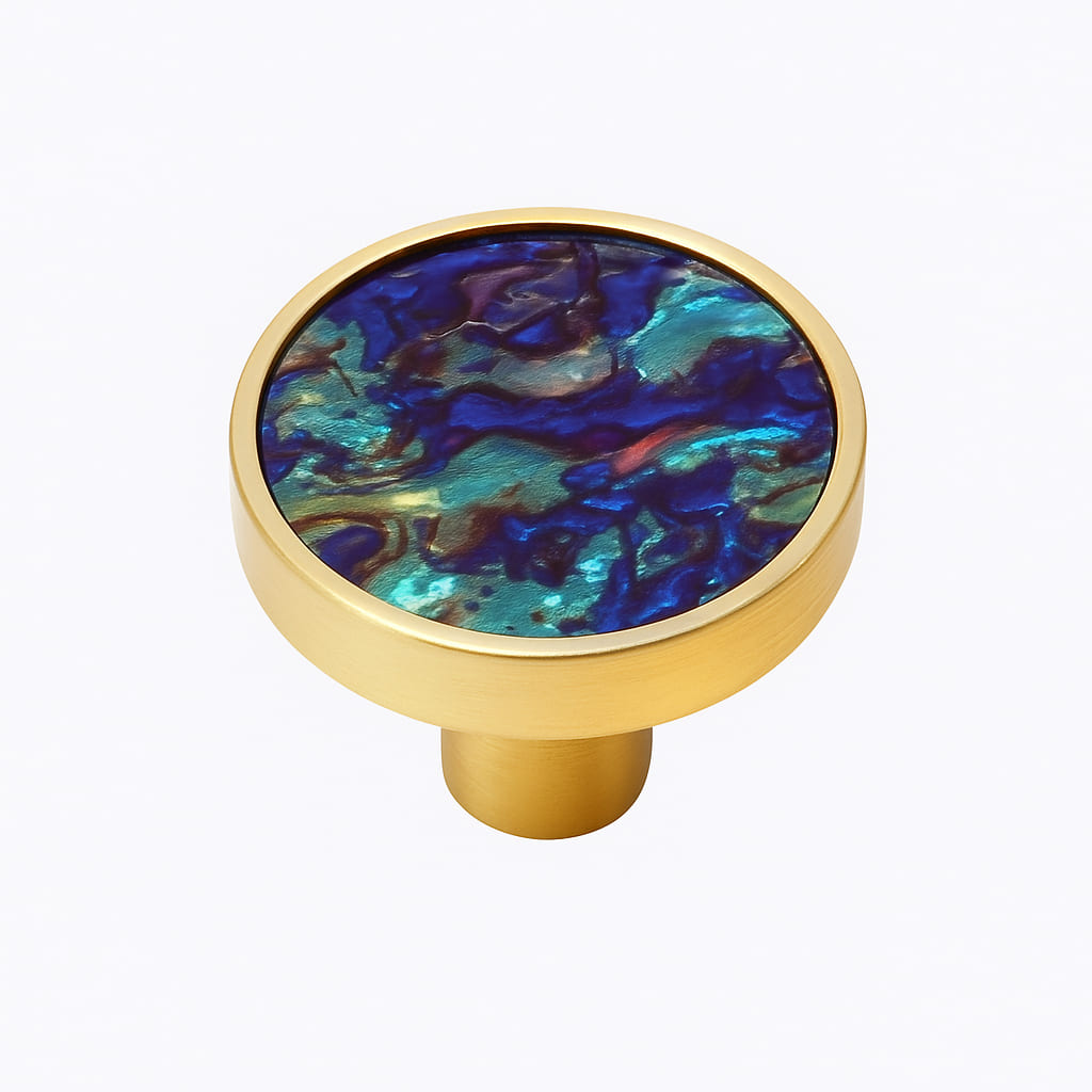 Poignée bouton 32mm en métal doré et bleu