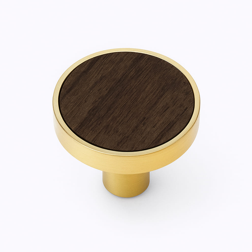 Poignée bouton 32mm en métal doré et bois foncé
