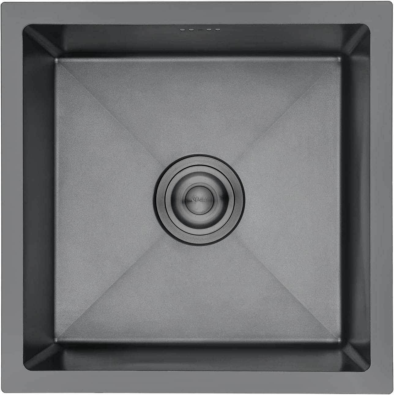Évier inox carré 40 × 40 cm – Finition anthracite brossé avec vidange filtrante