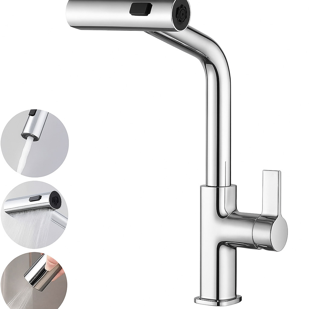 Mitigeur de Cuisine Chrome en Laiton – Douchette Amovible 3 Jets, Pivot 360°, Eau Chaude/Froide