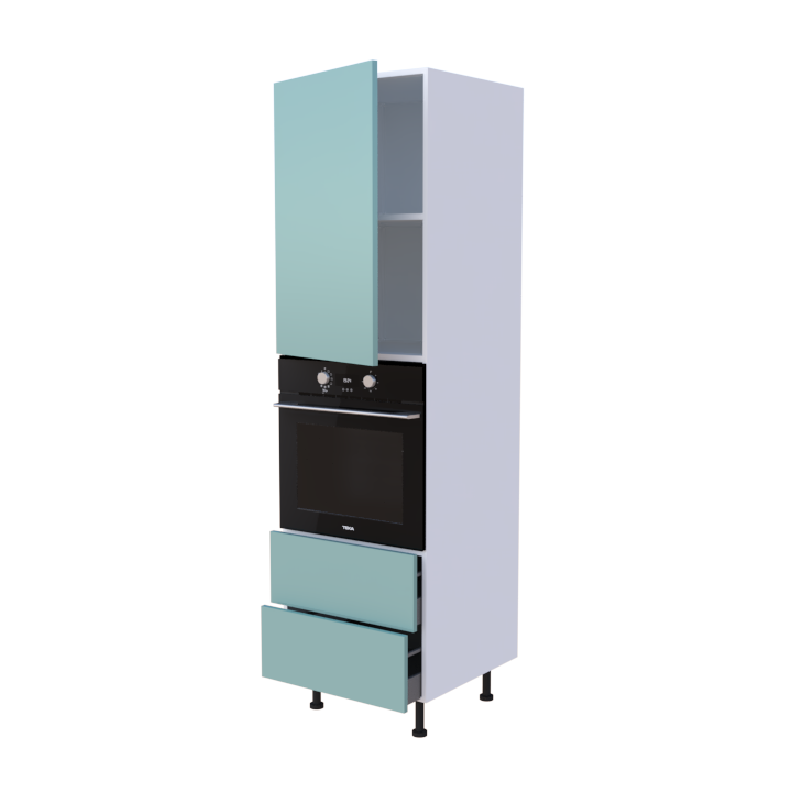 Colonne 1 placard + 2 tiroirs + four L60 x H200 x P58 - Aigue Marine Laqué Brillant - meuble livré monté