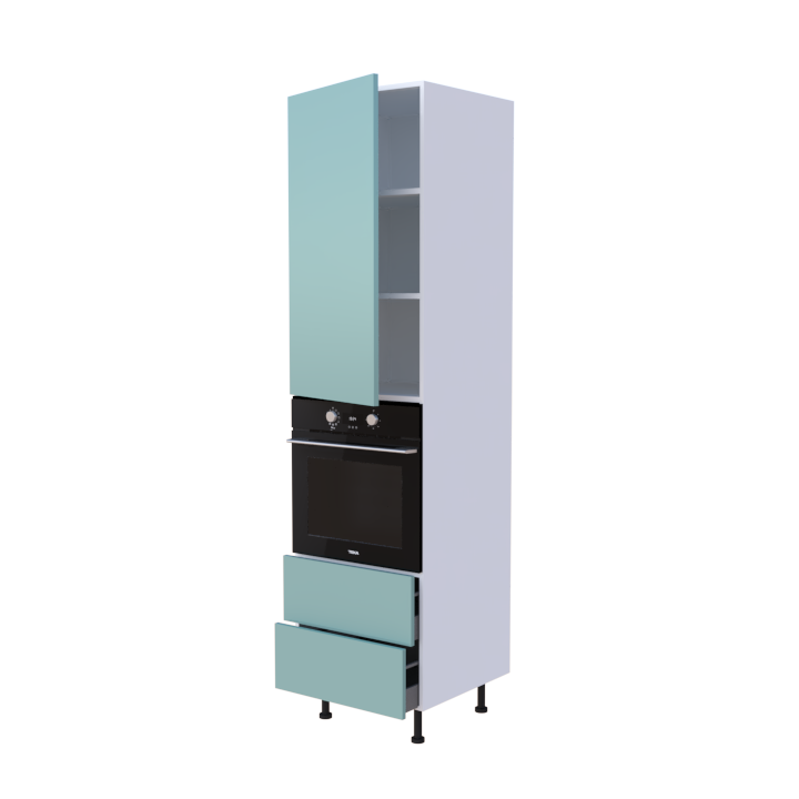 Colonne 1 placard + 2 tiroirs + four L60 x H220 x P58 - Aigue Marine Laqué Brillant - meuble livré monté