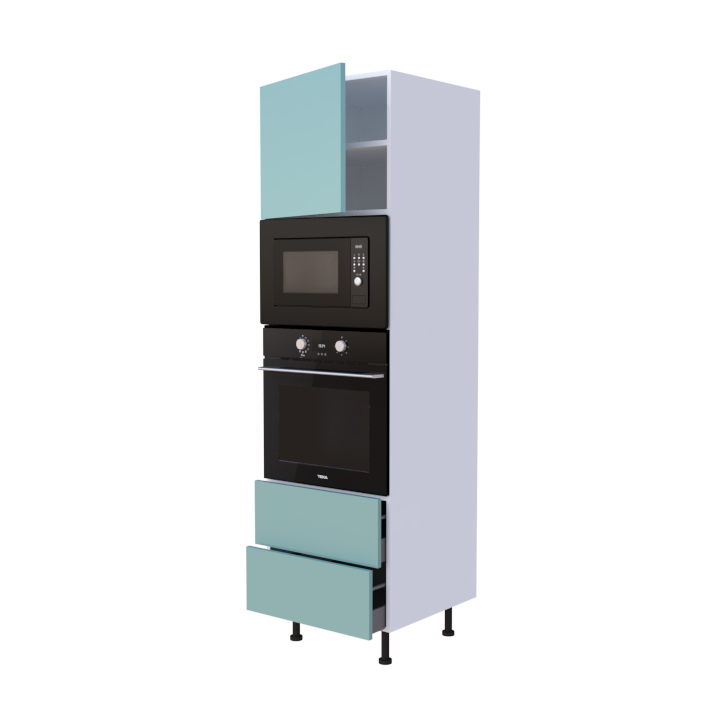 Colonne 1 placard + 2 tiroirs + four et micro-onde L60 x H200 x P58 - Aigue Marine Laqué Brillant - meuble livré monté