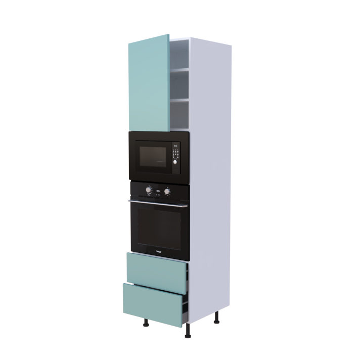 Colonne 1 placard + 2 tiroirs + four et micro-onde L60 x H220 x P58 - Aigue Marine Laqué Brillant - meuble livré monté