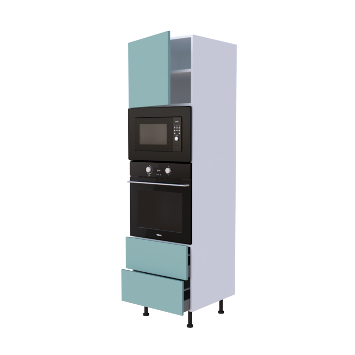 Colonne 1 placard + 2 tiroirs + four et micro-onde L60 x H200 x P58 - Aigue-Marine Mat - meuble livré monté