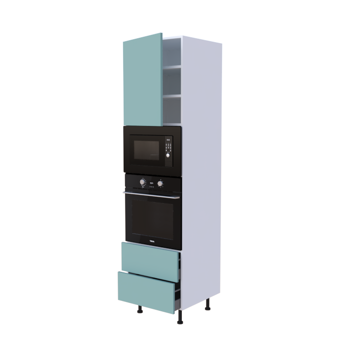Colonne 1 placard + 2 tiroirs + four et micro-onde L60 x H220 x P58 - Aigue-Marine Mat - meuble livré monté