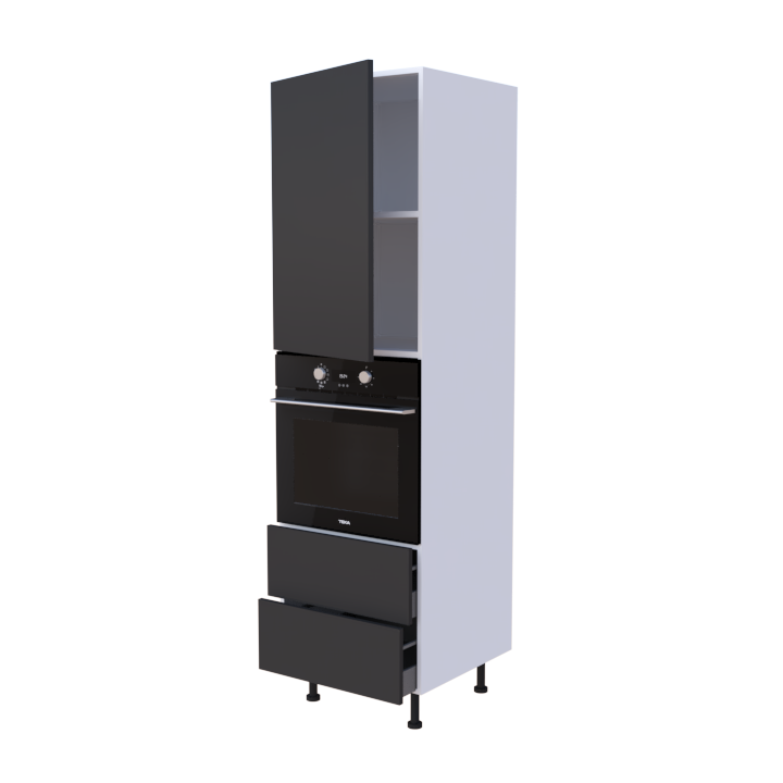 Colonne 1 placard + 2 tiroirs + four L60 x H200 x P58 - Anthracite Laqué Brillant - meuble livré monté