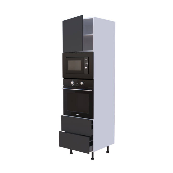 Colonne 1 placard + 2 tiroirs + four et micro-onde L60 x H200 x P58 - Anthracite Laqué Brillant - meuble livré monté