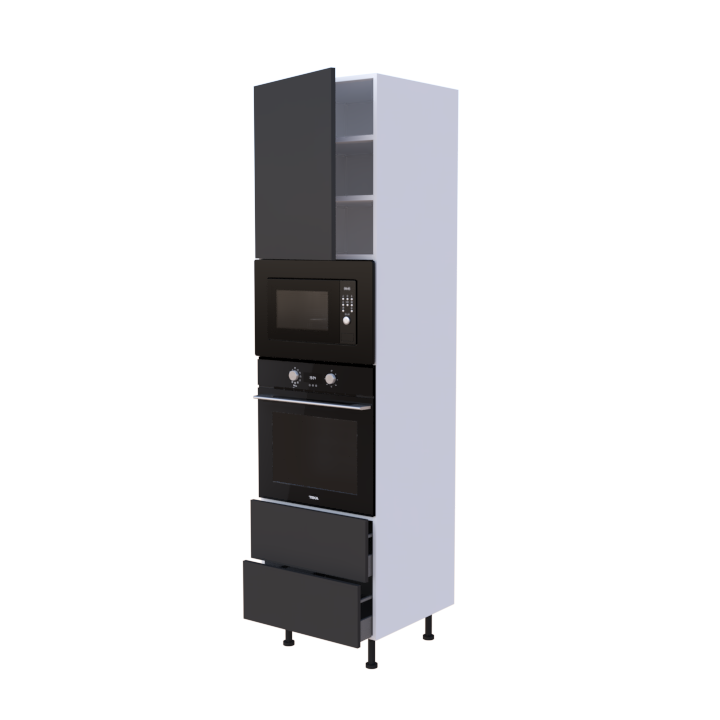 Colonne 1 placard + 2 tiroirs + four et micro-onde L60 x H220 x P58 - Anthracite Laqué Brillant - meuble livré monté