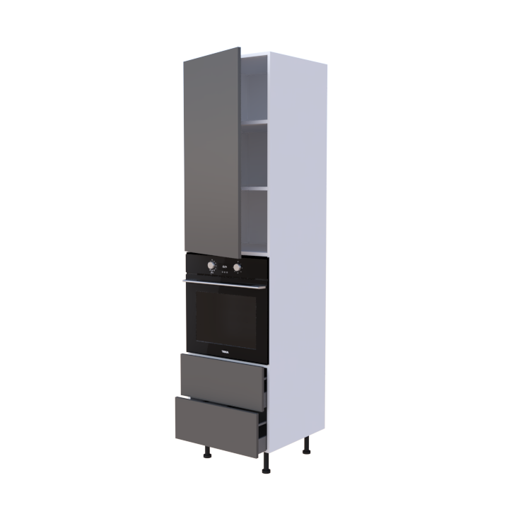 Colonne 1 placard + 2 tiroirs + four L60 x H220 x P58 - Basalte Laqué Brillant - meuble livré monté