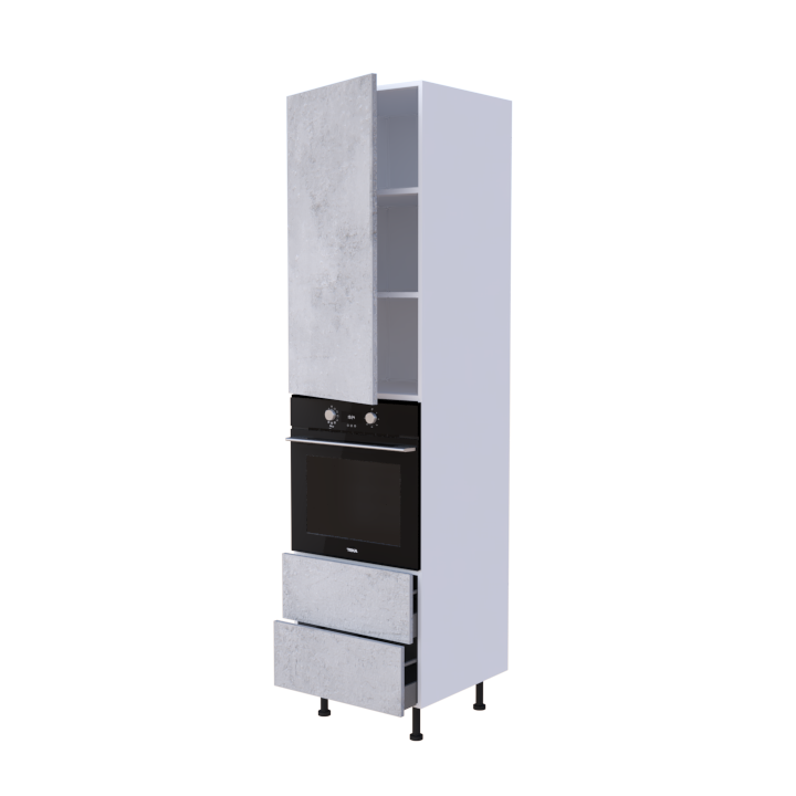 Colonne 1 placard + 2 tiroirs + four L60 x H220 x P58 - Béton Clair Loft - meuble livré monté