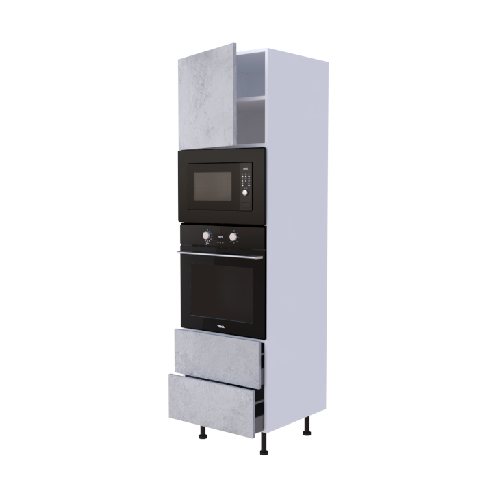 Colonne 1 placard + 2 tiroirs + four et micro-onde L60 x H200 x P58 - Béton Clair Loft - meuble livré monté