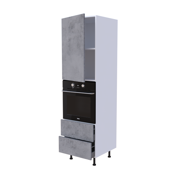 Colonne 1 placard + 2 tiroirs + four L60 x H200 x P58 - Béton Graphite - meuble livré monté