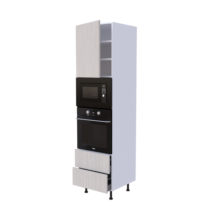 Colonne 1 placard + 2 tiroirs + four et micro-onde L60 x H220 x P58 - Blanc Boisé - meuble livré monté