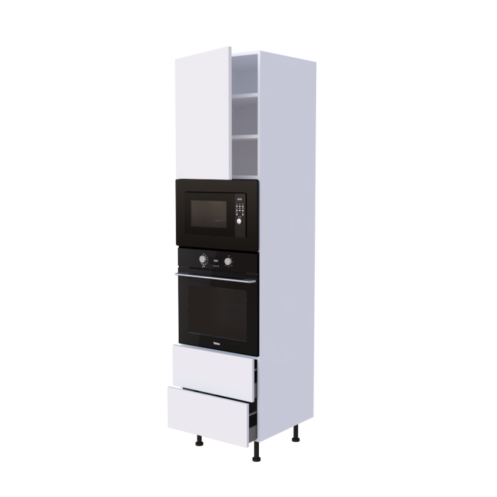 Colonne 1 placard + 2 tiroirs + four et micro-onde L60 x H220 x P58 - Blanc Cassé Mat - meuble livré monté