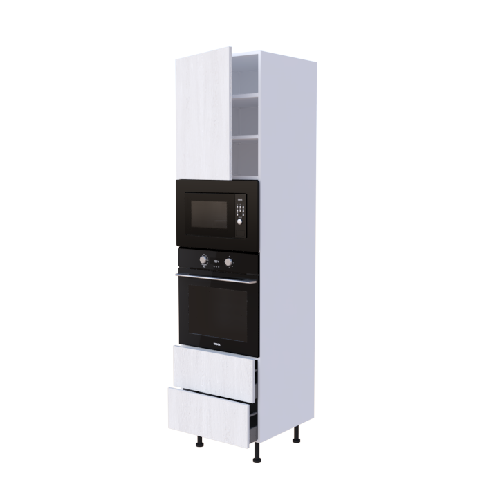 Colonne 1 placard + 2 tiroirs + four et micro-onde L60 x H220 x P58 - Blanc Cendré - meuble livré monté