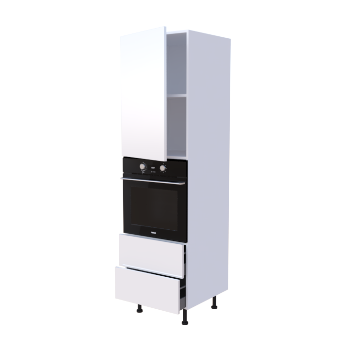 Colonne 1 placard + 2 tiroirs + four L60 x H200 x P58 - Blanc Finlandais Laqué Brillant - meuble livré monté
