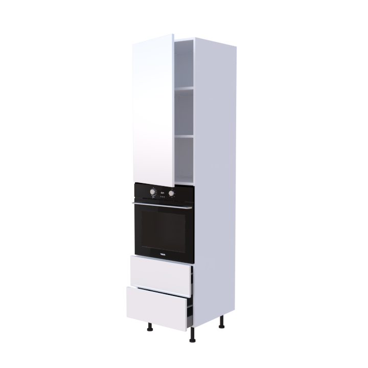 Colonne 1 placard + 2 tiroirs + four L60 x H220 x P58 - Blanc Finlandais Laqué Brillant - meuble livré monté