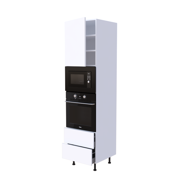 Colonne 1 placard + 2 tiroirs + four et micro-onde L60 x H220 x P58 - Blanc Finlandia Mat - meuble livré monté