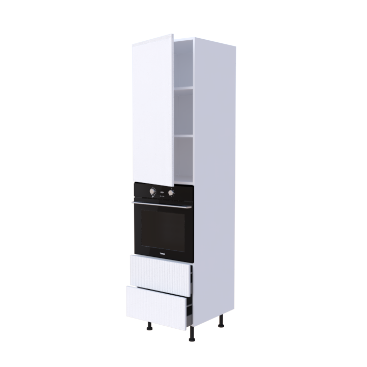 Colonne 1 placard + 2 tiroirs + four L60 x H220 x P58 - Blanc Lin Structuré - meuble livré monté