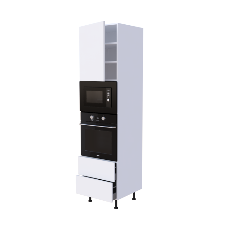 Colonne 1 placard + 2 tiroirs + four et micro-onde L60 x H220 x P58 - Blanc Mélaminé Mat - meuble livré monté