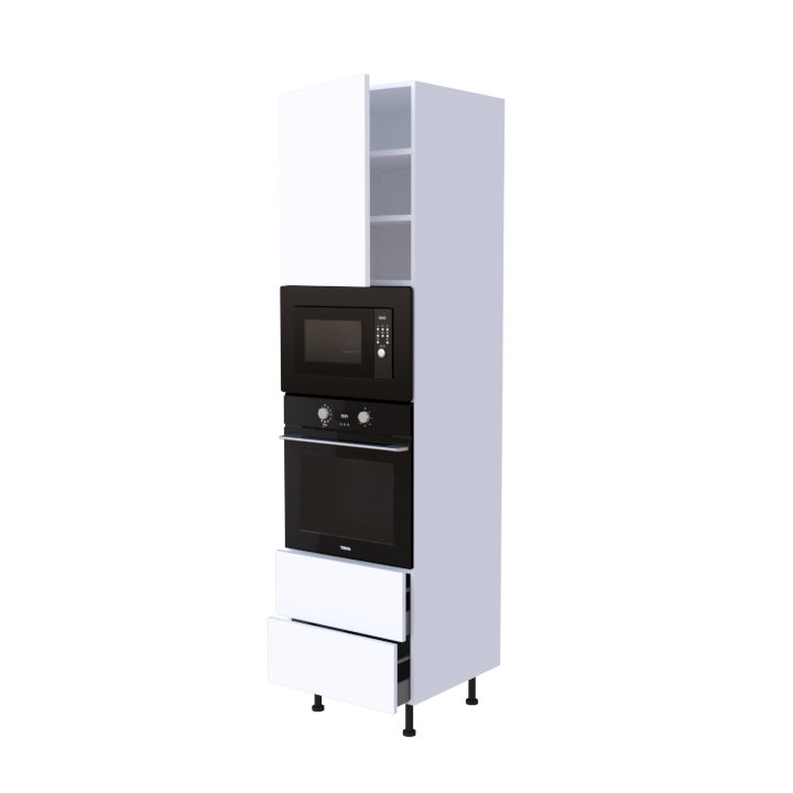 Colonne 1 placard + 2 tiroirs + four et micro-onde L60 x H220 x P58 - Blanc Polaire - meuble livré monté