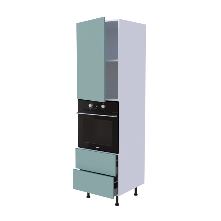 Colonne 1 placard + 2 tiroirs + four L60 x H200 x P58 - Bleu Clair Mélaminé Mat - meuble livré monté