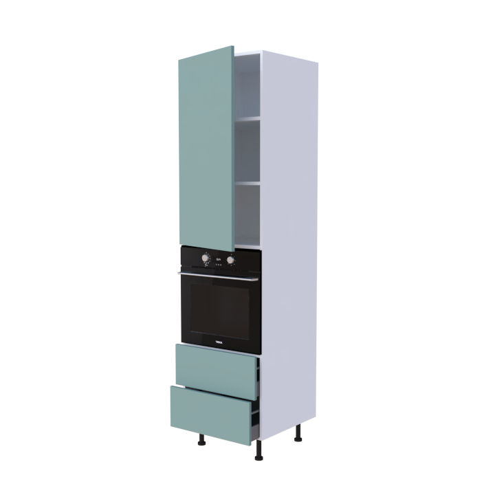 Colonne 1 placard + 2 tiroirs + four L60 x H220 x P58 - Bleu Clair Mélaminé Mat - meuble livré monté