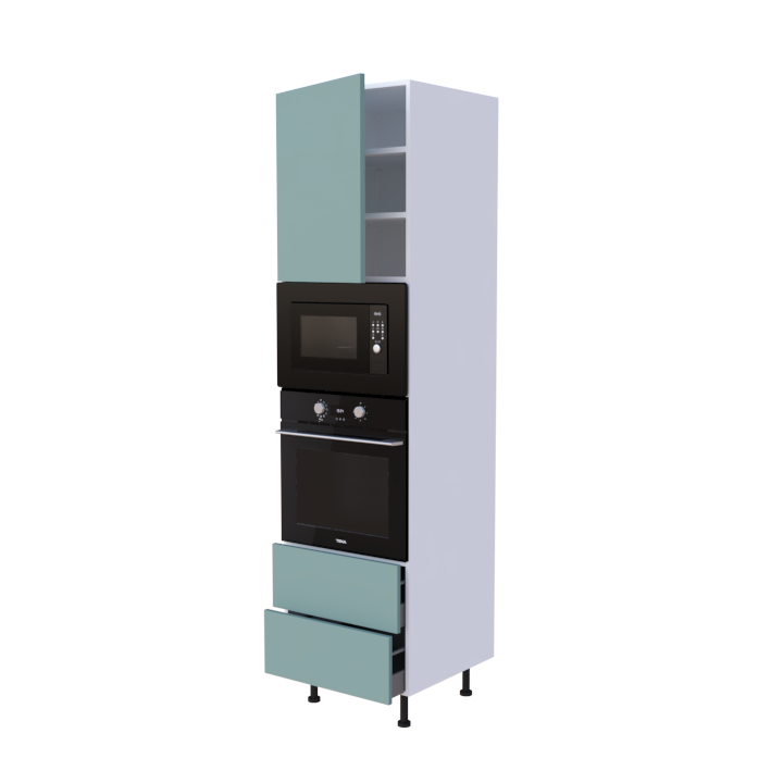 Colonne 1 placard + 2 tiroirs + four et micro-onde L60 x H220 x P58 - Bleu Clair Mélaminé Mat - meuble livré monté
