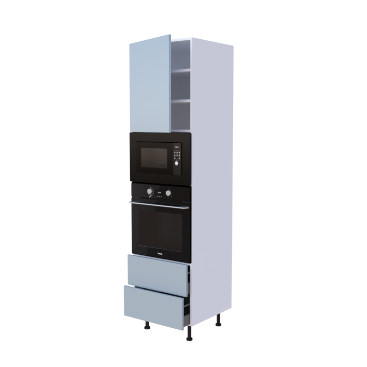 Colonne 1 placard + 2 tiroirs + four et micro-onde L60 x H220 x P58 - Bleu Glacé Laqué Brillant - meuble livré monté