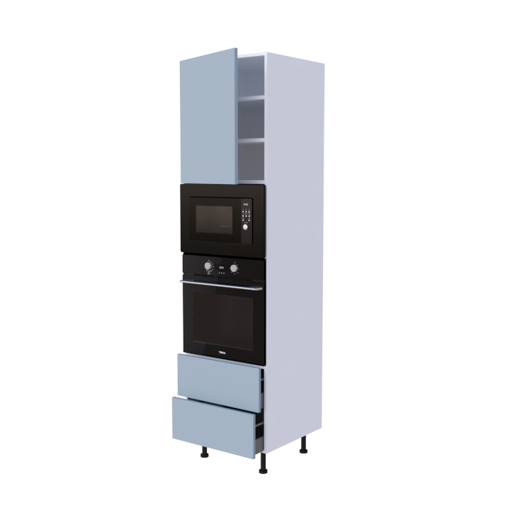 Colonne 1 placard + 2 tiroirs + four et micro-onde L60 x H220 x P58 - Bleu Glacé Mat - meuble livré monté
