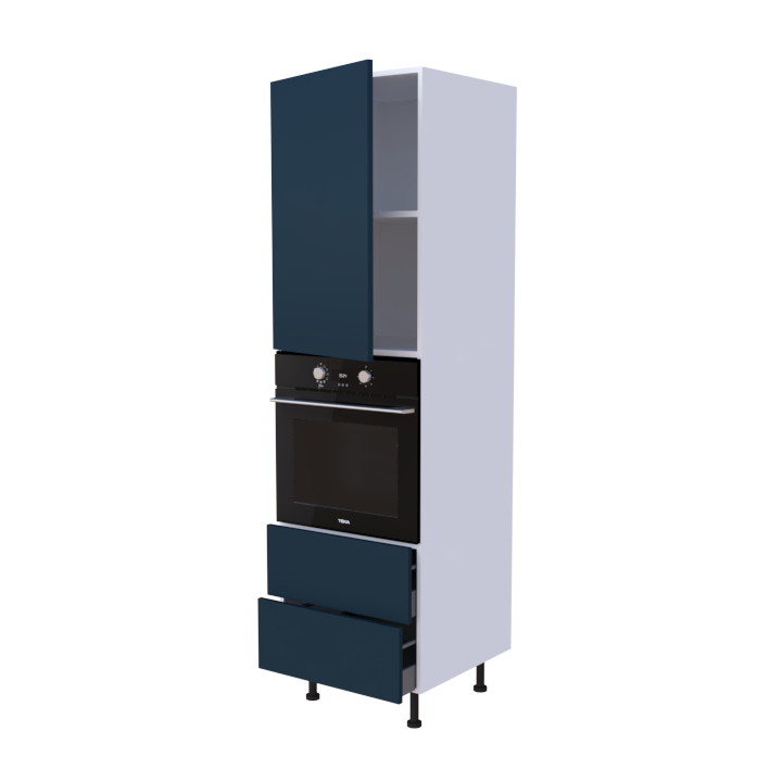 Colonne 1 placard + 2 tiroirs + four L60 x H200 x P58 - Bleu Indigo Laqué Brillant - meuble livré monté
