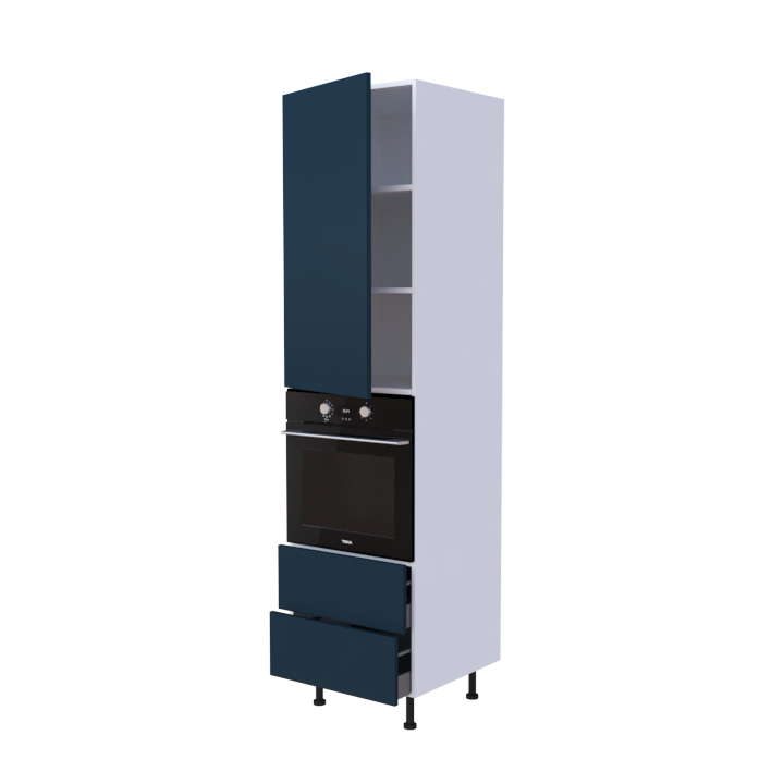 Colonne 1 placard + 2 tiroirs + four L60 x H220 x P58 - Bleu Indigo Laqué Brillant - meuble livré monté