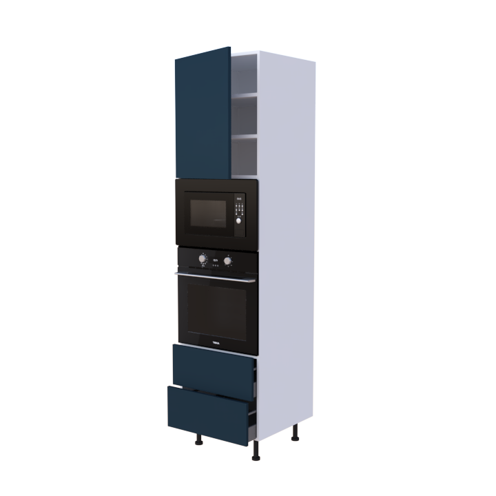 Colonne 1 placard + 2 tiroirs + four et micro-onde L60 x H220 x P58 - Bleu Indigo Laqué Brillant - meuble livré monté