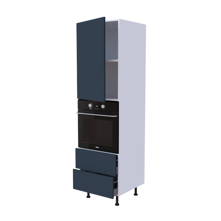 Colonne 1 placard + 2 tiroirs + four L60 x H200 x P58 - Bleu Indigo Mat - meuble livré monté