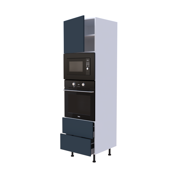Colonne 1 placard + 2 tiroirs + four et micro-onde L60 x H200 x P58 - Bleu Indigo Mat - meuble livré monté