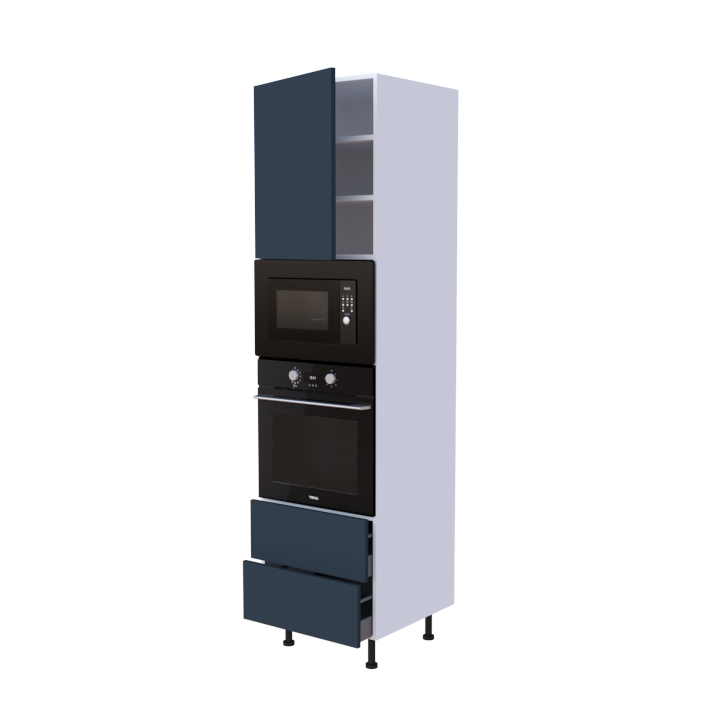 Colonne 1 placard + 2 tiroirs + four et micro-onde L60 x H220 x P58 - Bleu Indigo Mat - meuble livré monté