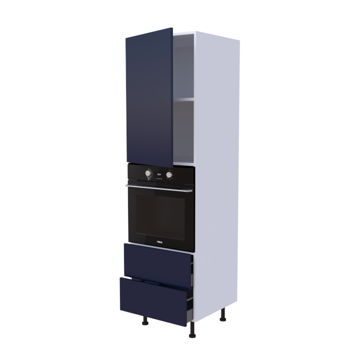 Colonne 1 placard + 2 tiroirs + four L60 x H200 x P58 - Bleu Marine Laqué Brillant - meuble livré monté