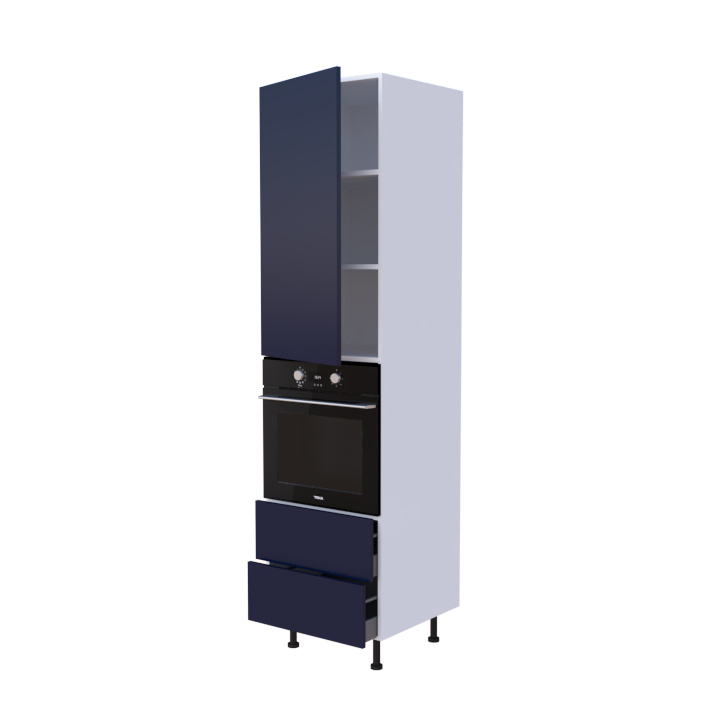 Colonne 1 placard + 2 tiroirs + four L60 x H220 x P58 - Bleu Marine Laqué Brillant - meuble livré monté