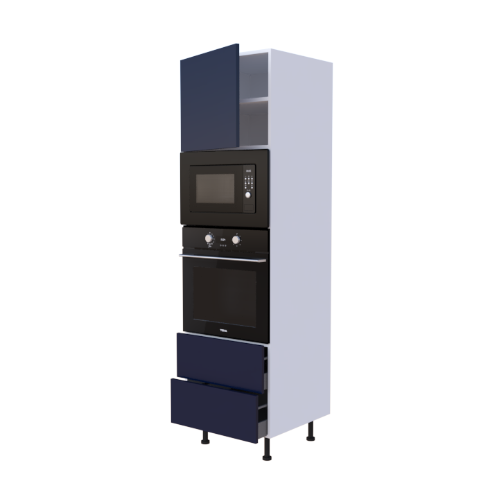 Colonne 1 placard + 2 tiroirs + four et micro-onde L60 x H200 x P58 - Bleu Marine Laqué Brillant - meuble livré monté