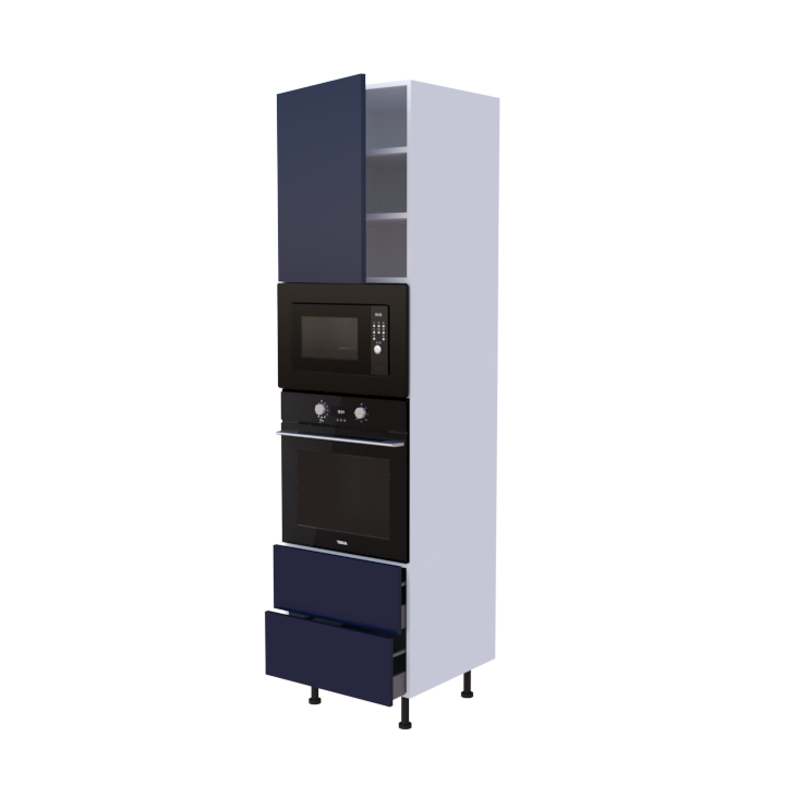 Colonne 1 placard + 2 tiroirs + four et micro-onde L60 x H220 x P58 - Bleu Marine Laqué Brillant - meuble livré monté