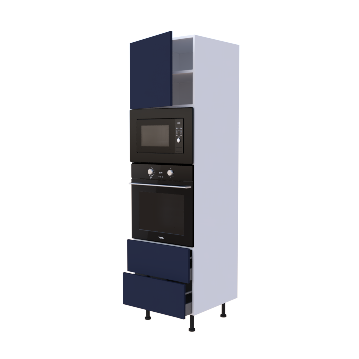 Colonne 1 placard + 2 tiroirs + four et micro-onde L60 x H200 x P58 - Bleu Marine Mat - meuble livré monté